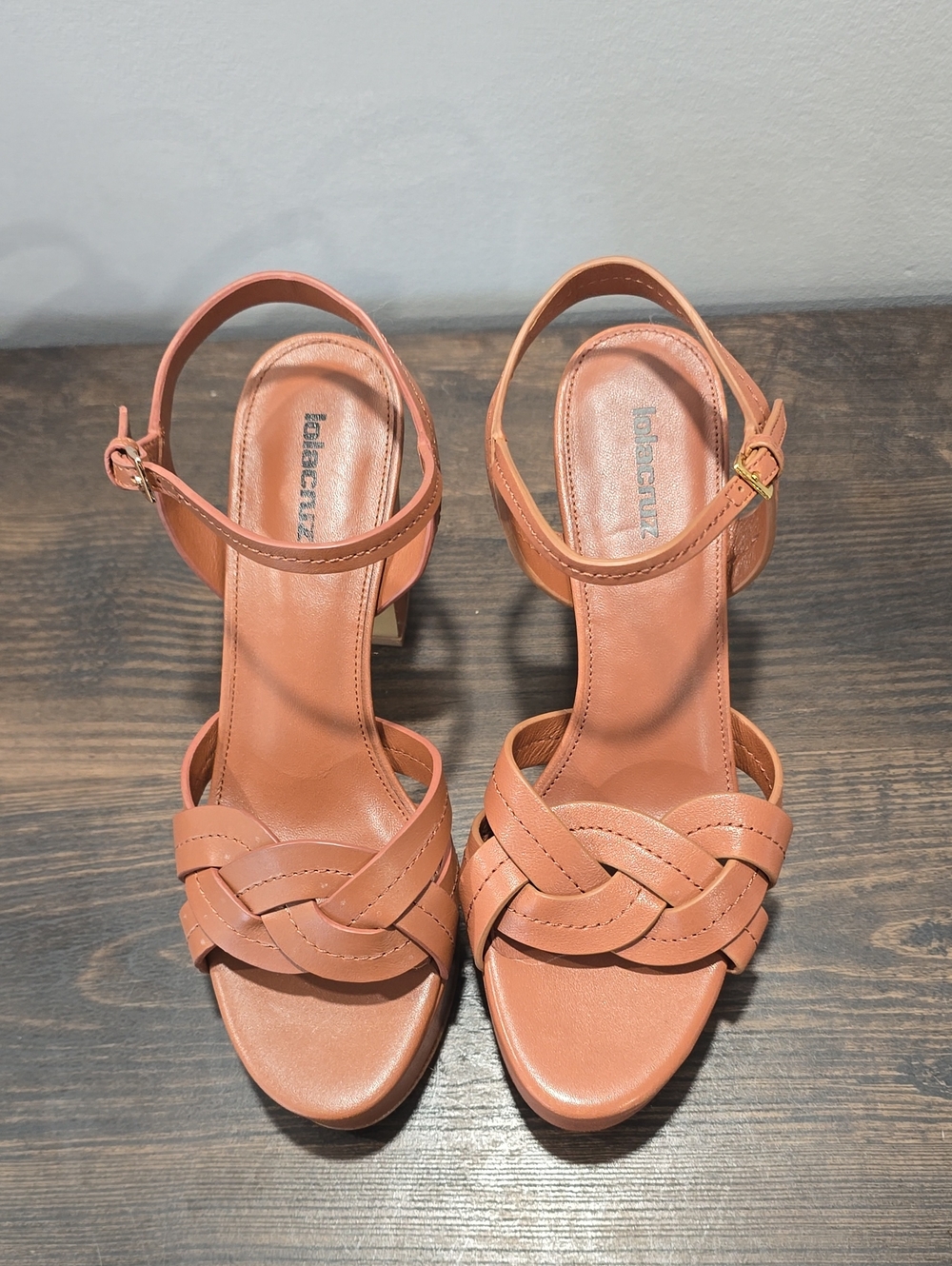 Lola Cruz Braided Tan Leather Block Heel Sandals